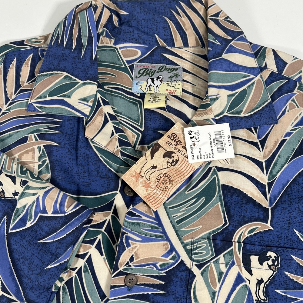 Big Dogs Hawaiian Shirt Mens Large Blue Rayon Fern Print Dog Beach Vacation‎